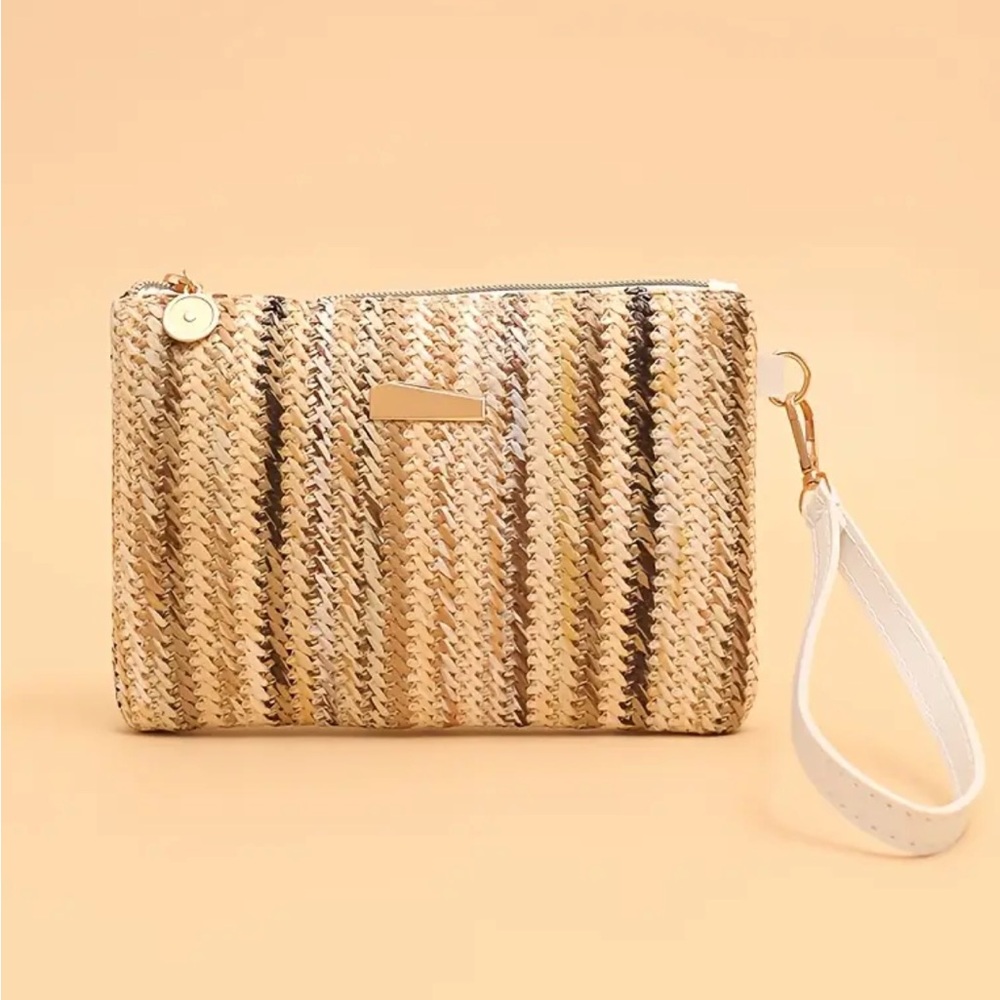 Brown Striped Nylon Woven Striped Wristlet
